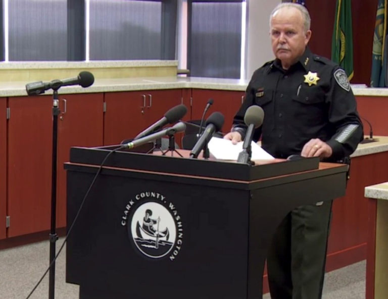 Clark County Sheriff Chuck Atkins speaks to media on Friday, Oct. 30, about the officer-involved shooting death of Kevin E. Peterson Jr., a 21-year-old Black father from Camas, who was killed Oct. 29, in a shooting involving Clark County Sheriff's Office deputies.