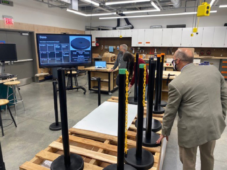Educators lead an online presentation about student-created stanchions at Discovery High School in Camas on Oct. 22, 2020. The stanchions, which will be connected by chains or ribbons, can help local school leaders set up physically distanced areas during the COVID-19 pandemic.