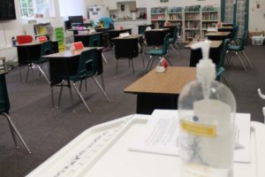 Doug Flanagan/Post-Record Christian School 
 A classroom inside the Riverside Christian School in Washougal shows hand sanitizer stations and desks spaced six feet apart. The school has reopened after closing for two weeks in October due to four COVID-19 cases.