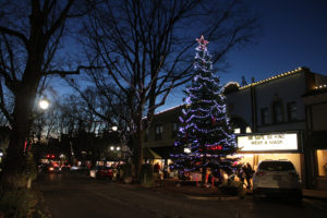A lighted holiday tree stands in front of the Liberty Theatre in downtown Camas on Friday, Dec. 4, 2020. (Kelly Moyer/Post-Record)
