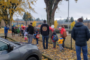Parents, guardians and their kindergarten students line up outside Helen Baller Elementary School in Camas on Nov. 9, 2020. (Contributed photo by Doreen McKercher, courtesy of the Camas School District)