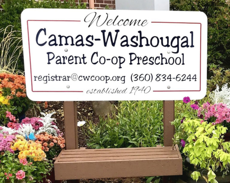A sign outside the Camas-Washougal Parent Co-op Preschool in Camas gives contact information for the 80-year-old cooperative preschool.