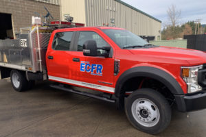 East County Fire and Rescue's new squad vehicle, parked outside ECFR Fire Station 91, near Camas on Thursday, Jan. 7, 2021, has enough room to carry four firefighters and equipment to fight brush fires and treat emergency medical calls. (Contributed photo courtesy of East County Fire and Rescue)