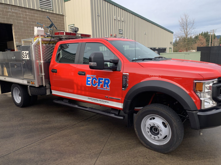 East County Fire and Rescue&#039;s new squad vehicle, parked outside ECFR Fire Station 91, near Camas on Thursday, Jan. 7, 2021, has enough room to carry four firefighters and equipment to fight brush fires and treat emergency medical calls.
