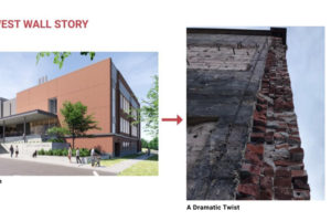 A photo (right) shows the older brick walls discovered at the Joyce Garver Theater in Camas. The Camas School District is in the process of renovating the historic theater, which needed extensive seismic upgrades. An illustration (left) shows what the renovated theater will look like in September 2021. (Contributed photos courtesy of Camas School District)
