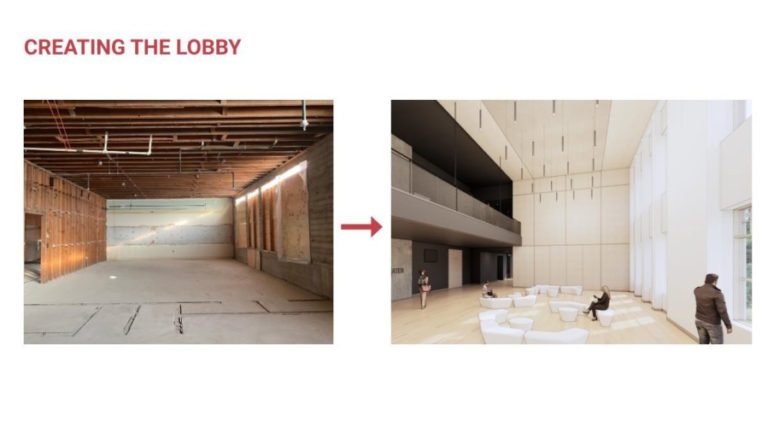 Contributed photos courtesy of Camas School District 
 A photo of the inside of the Joyce Garver Theater in Camas shows the current view of the theater&#039;s lobby area. An illustration (right) shows what the theater lobby will look like in September 2021, following a $12 million renovation.
