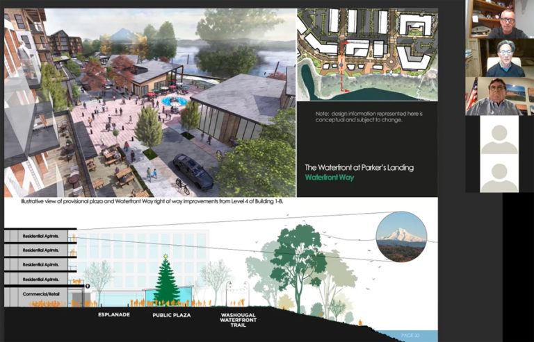 Doug Flanagan/Post-Record 
 Port of Camas-Washougal chief executive officer David Ripp (top right), RKm Development owner Roy Kim (second from top right) and Port commissioner Larry Keister (third from top right) discuss the Port&#039;s Waterfront at Parker&#039;s Landing development during a Feb. 3 virtual meeting.