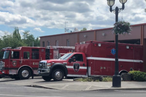 Emergency vehicles are parked outside the Camas-Washougal Fire Department Fire Station 41 in downtown Camas in May 2020. (Kelly Moyer/Post-Record files)