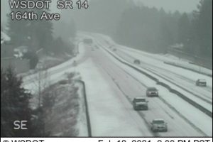 The Washington State Department of Transportation (WSDOT)'s traffic camera at Highway 14 and 164th Avenue outside Camas shows snowy conditions at 2:08 p.m. Friday, Feb. 12, 2021. The National Weather Service issued a prolonged winter storm warning for the area on Friday, Feb. 12, through 4 p.m. Saturday, Feb. 13, 2021. (Photo courtesy of WSDOT) 