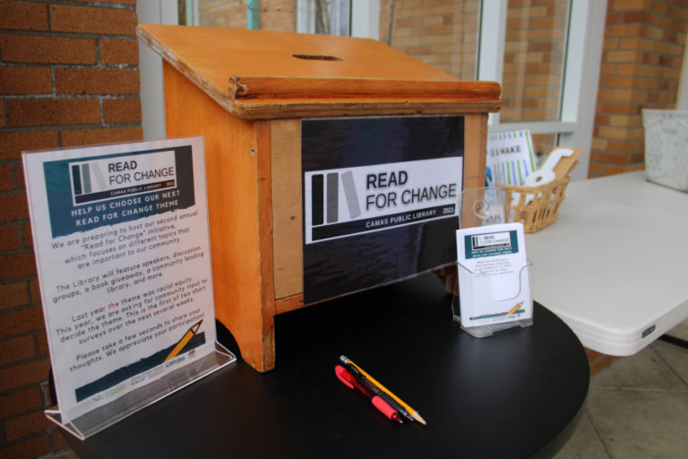 A box seen outside the Camas Public Library on Friday, March 5, 2021, asks community members to weigh in on the theme for the library's second annual Read for Change program.