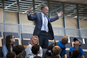 Camas School District superintendent Jeff Snell greets new students during the first day of school at Discovery High School on Sept. 4, 2018. (Photo courtesy of The Columbian files)