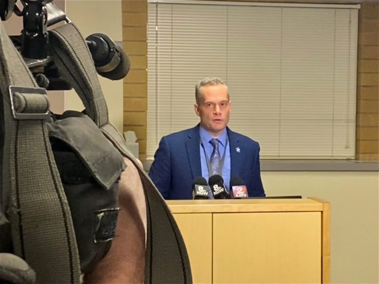 Camas School District Superintendent Jeff Snell answers media questions related to the resignation of Camas High School Principal Liza Sejkora (not pictured) at the district's headquarters on Feb. 7, 2020.