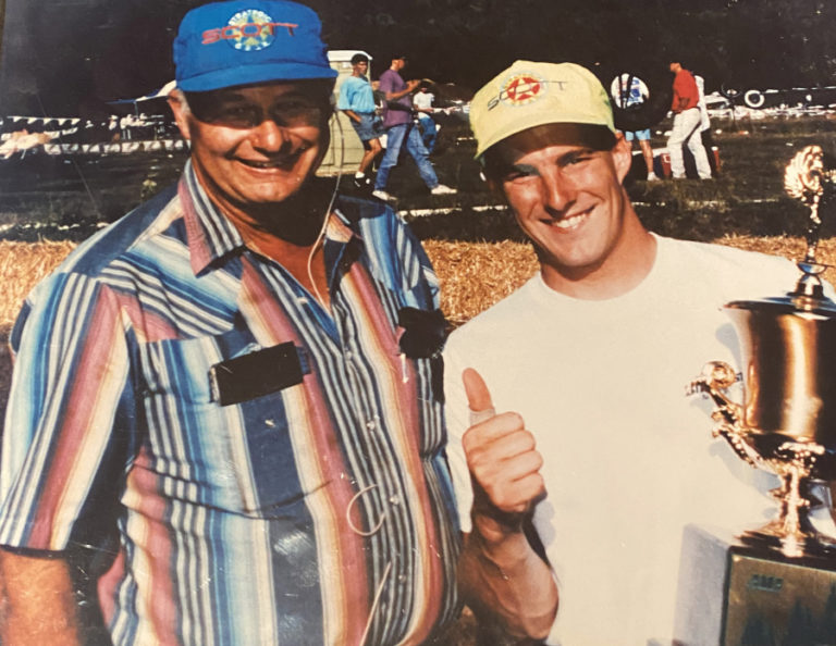 Contributed photo courtesy Ryan Huffman 
 Washougal MX Park owner Ralph Huffman (left) presents racer Mike Kiedrowski with a trophy during a Washougal National event.  &quot;Mike was always one of my dad&#039;s favorites and was super good to him,&quot; said Ryan Huffman, Ralph&#039;s son. Ralph passed away on March 22.