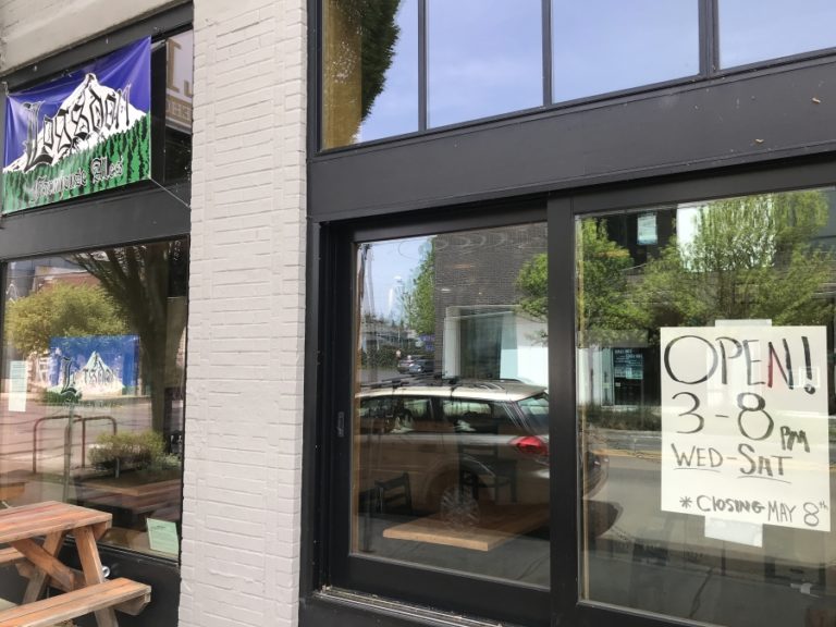 Doug Flanagan/Post-Record 
 A sign in the front window of Logsdon Farmhouse Ales indicates that taproom has reopened for in-person service, but is permanently closing in May.