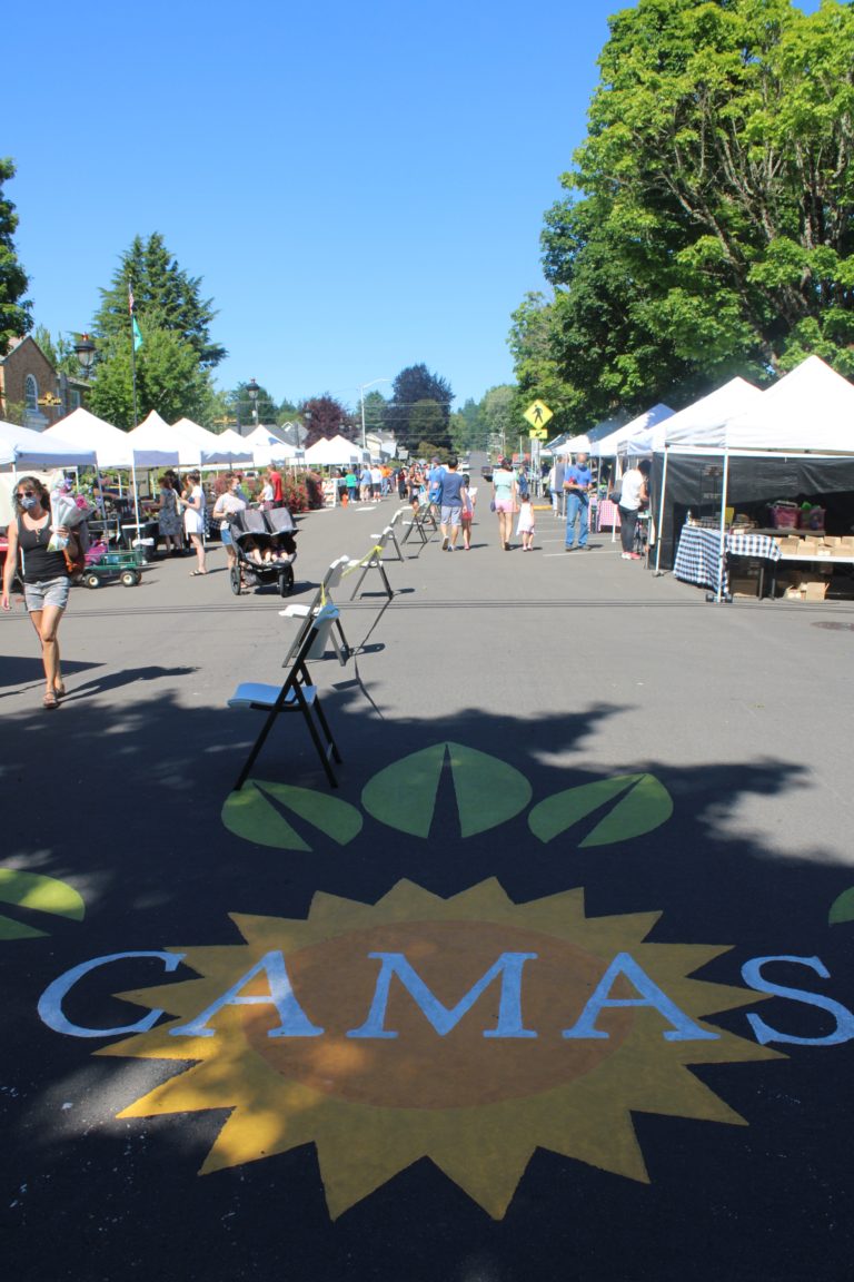A mural greets visitors to the first Camas Farmers Market of 2021 on Wednesday, June 2, 2021. The market will run from 3 to 7 p.m. each Wednesday through the end of September. (Kelly Moyer/Post-Record)