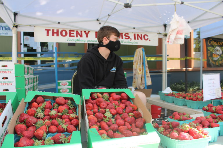 Colton Hall, of Woodland, sells Sweet Sunrise strawberries from Thoeny Farms in Woodland during the first Camas Farmers Market of 2021 on Wednesday, June 2, 2021. (Kelly Moyer/Post-Record)