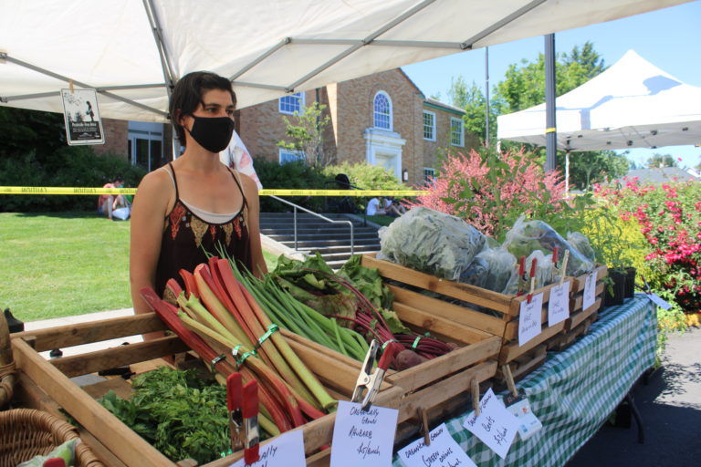 Caroline Swansey, of Yacolt Mountain Farm and Nursery, wears a mask to protect against COVID-19 while standing at her organic produce booth at the Camas Farmers Market on Wednesday, June 2, 2021. (Kelly Moyer/Post-Record) 