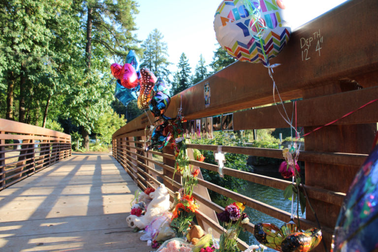 Post-Record file photo 
 Youth gather on the Lacamas Park Trail pedestrian bridge in August 2019, days before a 14-year-old Vancouver boy drowned in the stretch of water below. 
 Post-Record file photo 
 A depth of 7 feet, 2 inches, with a ?no jump? warning, is recorded on the Lacamas Park Trail pedestrian bridge in August 2019. 
 Post-Record file photo 
 A 2019 memorial on the Lacamas Park pedestrian bridge honors the life of Anthony T. Huynh, a 14-year-old Vancouver boy who drowned Aug. 20, 2019, after jumping from the bridge.