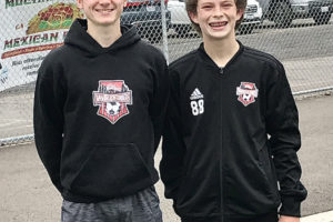 Camas High School soccer players Carter Gorczyca (left) and Hayden Reich will train with the Vancouver Victory, an elite adult men's soccer team, this summer. (Doug Flanagan/Post-Record)