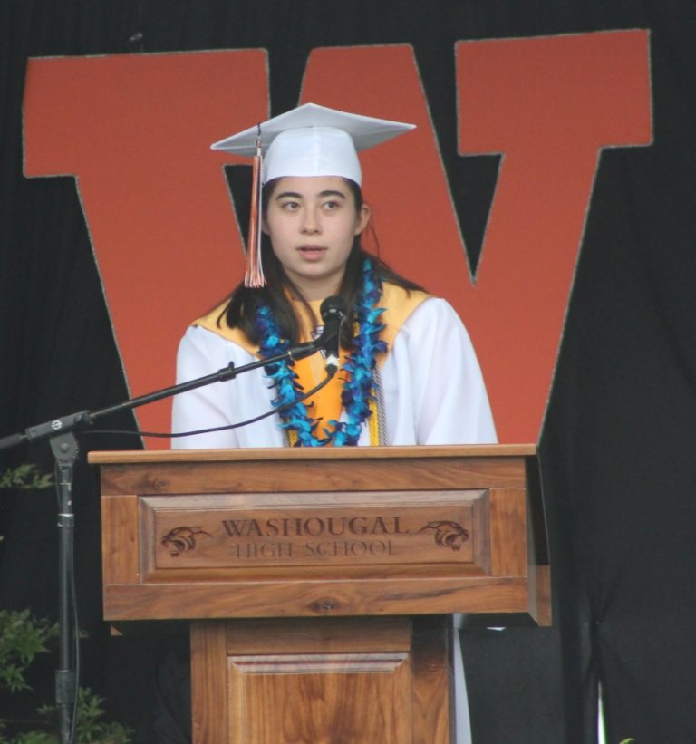 Washougal High School senior Meryl Keeler, one of five valedictorians from her school&#039;s class of 2021, speaks at her graduation ceremony on June 12, 2021, at Fishback Stadium.