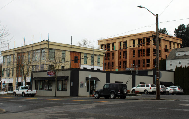 The Clara Flats mixed-use development at Northeast Birch Street and Northeast Sixth Avenue in downtown Camas, shown during its construction in February 2020, received a city tax abatement in exchange for offering six affordable apartments.