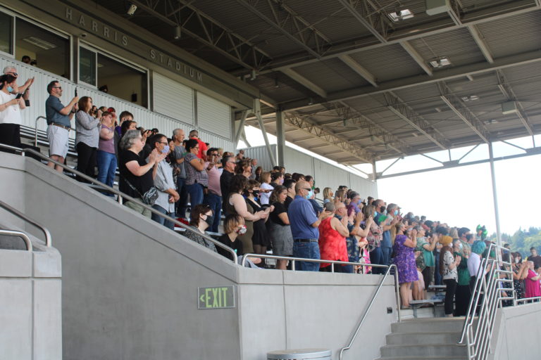 Family members and friends clap as Hayes Freedom High School celebrates its class of 2021 at an in-person graduation ceremony held Saturday, June 12, 2021, at Doc Harris Stadium in Camas. (Kelly Moyer/Post-Record) 