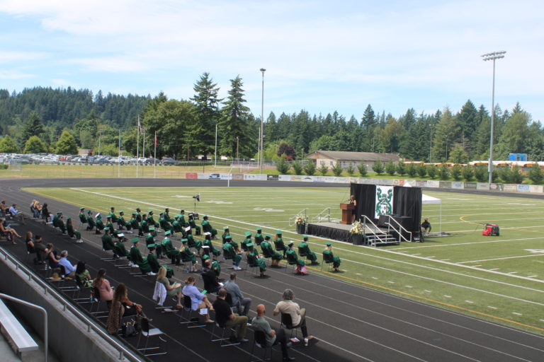 Hayes Freedom High School celebrates its class of 2021 at an in-person graduation ceremony held Saturday, June 12, 2021, at Doc Harris Stadium in Camas. (Kelly Moyer/Post-Record) 