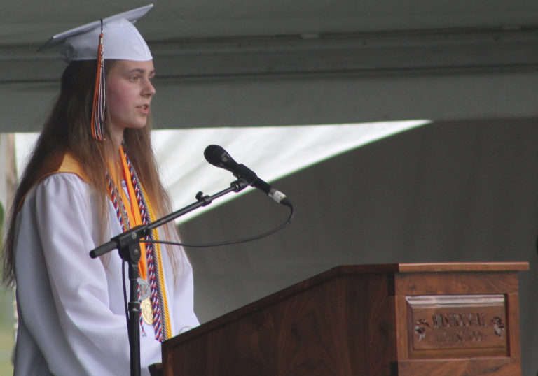 Washougal High School valedictorian Lauren Bennett speaks during the school's graduation ceremony on Saturday, June 12, at Fishback Stadium in Washougal. (Doug Flanagan/Post-Record)