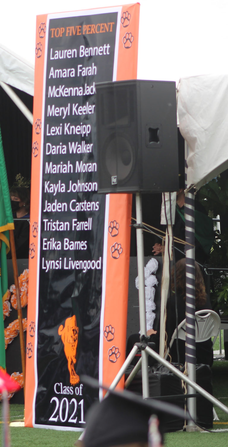 A sign recognizes the top five percent of Washougal High School's graduates during the school's commencement ceremony on Saturday, June 12, at Fishback Stadium in Washougal. (Doug Flanagan/Post-Record)