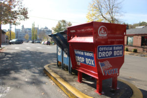 A ballot box stands near the Camas Post Office on Oct. 16, 2020. (Kelly Moyer/Post-Record files)
