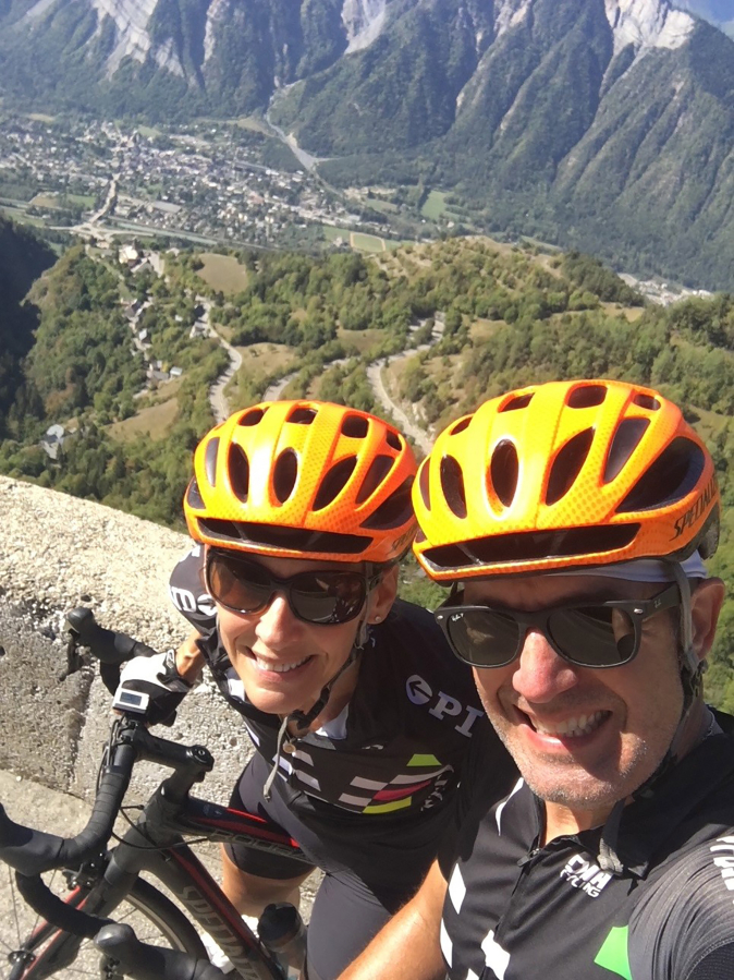 David and Sue Ripp pose for a photograph on the Alpe d&#039;huez in France in 2018.