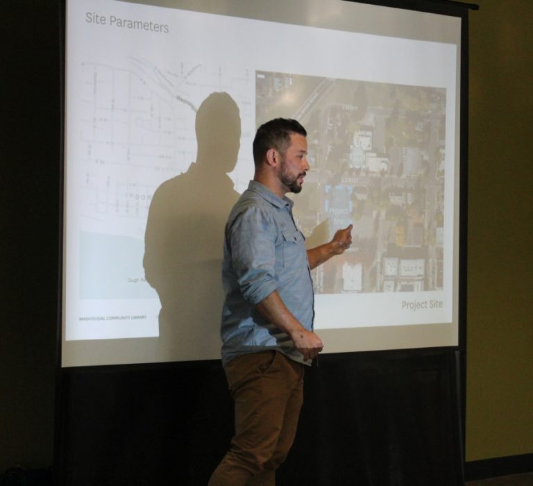 Hacker Architects employee Tyler Nishitani speaks during an informational presentation about the new Washougal library on Thursday, July 29, 2021.