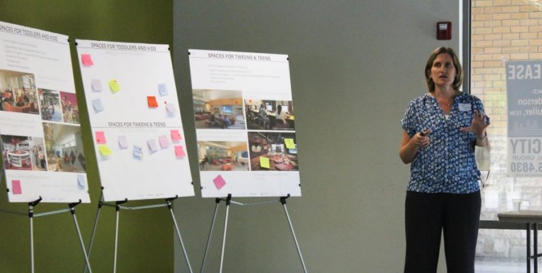 Doug Flanagan/Post-Record 
 Hacker Architects employee Laura Klinger speaks during an informational presentation about the new Washougal library on Thursday, July 29.