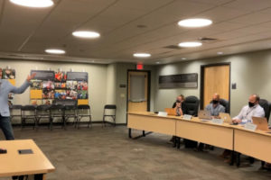 Scott Miller (left), a physician assistant and founder of Washougal Family Pediatrics in Washougal, speaks at the Camas School Board meeting on Aug. 23, 2021, in opposition to a state mandate requiring students and school staff to wear face coverings during the COVID-19 pandemic. (Screenshot by Kelly Moyer/Post-Record)