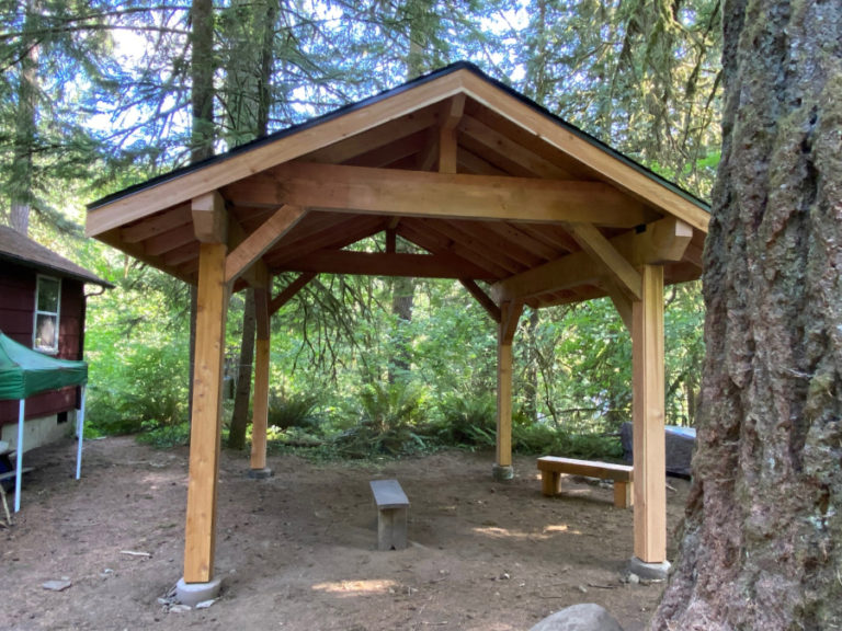 A Vancouver construction firm built a new wooden shelter at TreeSong Nature Awareness and Retreat Center in August 2021.