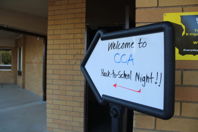 A sign welcomes families to a back-to-school event for the Camas School District's fully remote Camas Connect Academy on Tuesday, Aug. 24, 2021.