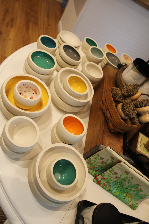 Porcelain ceramic bowls handcrafted by Nancy Froehlich, founder of the Oregon-based Land Bird art studio, are displayed inside Poppy & Hawk, a new retail shop in downtown Camas, on Thursday, Aug. 26, 2021.