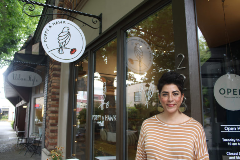 Lori Cano stands outside her new retail shop, Poppy & Hawk, in downtown Camas, on Thursday, Aug. 26, 2021.