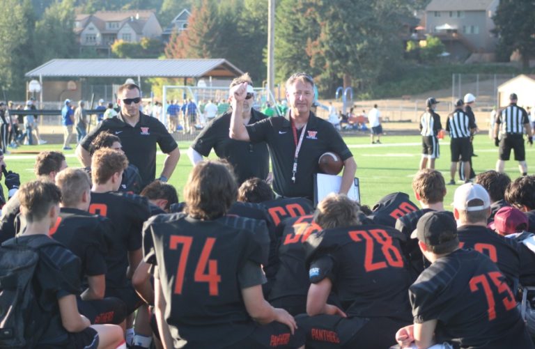 Washougal football coach Dave Hajek talks to his team after a jamboree at Fishback Stadium on Aug. 26, 2021. The Panthers will open their season against Prairie High on Friday, Sept. 3.