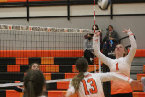 Washougal volleyball player Rily Harding (1) delivers a set to Jaiden Bea (13) during an intrasquad scrimmage on Aug. 31 at Washougal High School. The Panthers began their 2021 season with a match against Ridgefield on Sept. 7, 2021. (Doug Flanagan/Post-Record)