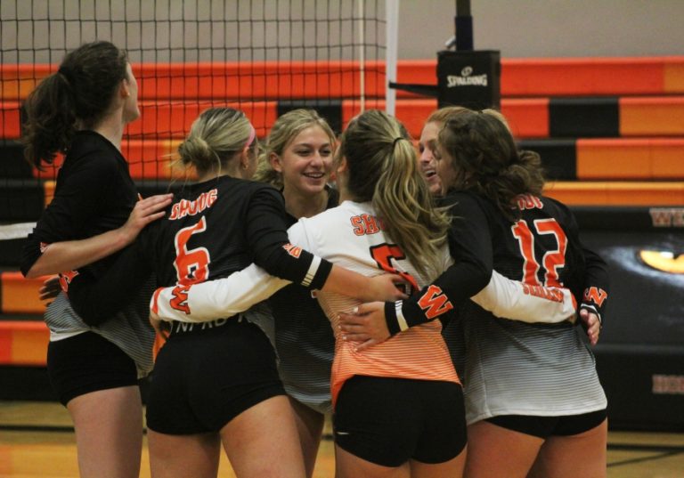 Doug Flanagan/Post-Record 
 Washougal volleyball players celebrate after winning a set during an intrasquad scrimmage on Aug. 31 at Washougal High School. The Panthers began their 2021 season with a match against Ridgefield on Sept. 7. (Doug Flanagan/Post-Record)