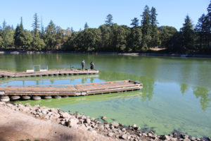 People stand on a Lacamas Lake pier on Saturday, Sept. 25, 2021. The county placed "danger" advisories around the Camas lake earlier this year after finding high concentrations of toxic blue-green algae throughout the Camas lake. (Kelly Moyer/Post-Record)