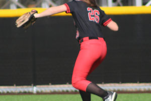 Camas freshman outfielder Kalli True throws a ball into the infield during a Sept. 16 game against Mountain View. (Photos by Doug Flanagan/Post-Record)