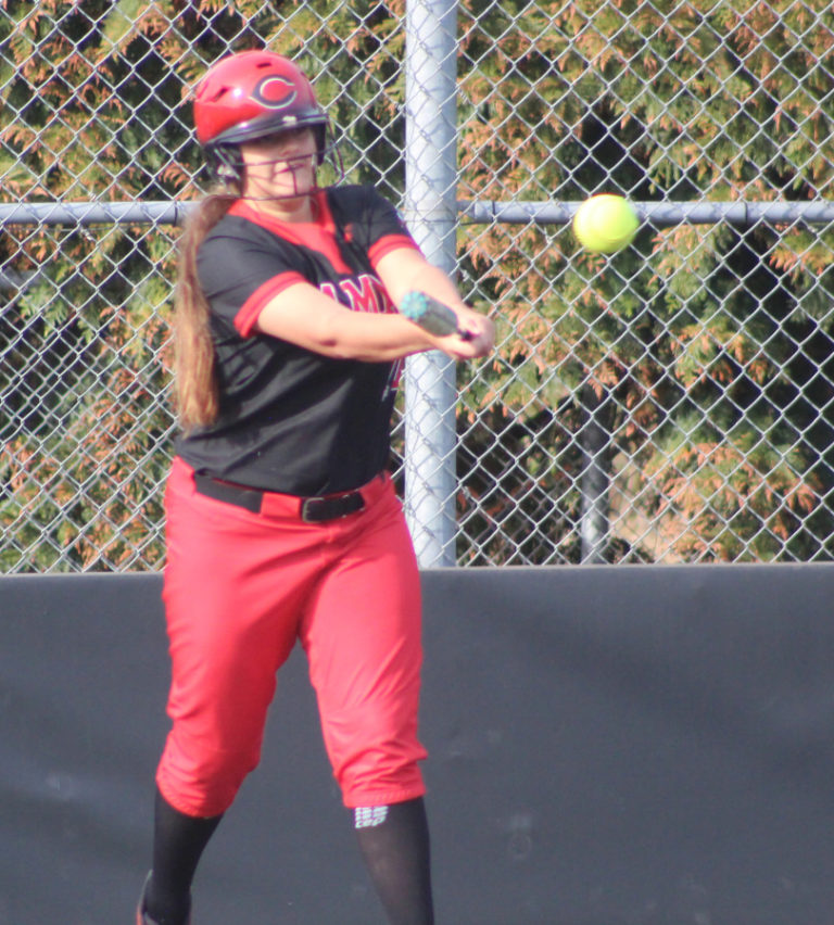 Camas senior Pomai Romano hits a ball during a game against Mountain View on Sept. 16.