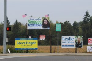 Campaign signs for Camas mayoral and city council candidates line a fence off Northwest Parker Street in Camas on Saturday, Sept. 25, 2021, ahead of the Nov. 2, 2021 General and Special Election. (Kelly Moyer/Post-Record)