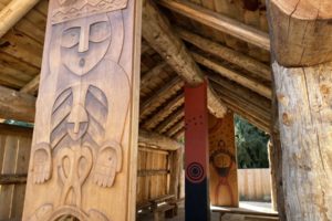 The Gathering Place at Washuxwal pavilion's design is inspired by traditional cedar plank houses used by local tribes living along the shores of the Columbia River.  It features Native-inspired wood carvings created by Adam McIsaac, project lead carver and advisor for the pavilion artwork, a respected expert in Native American art. (Contributed photo courtesy Rene Carroll )