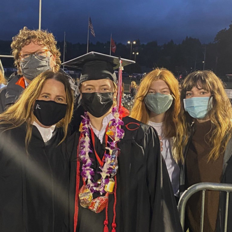 Camas School Board director Erika Cox (second from left) attends her son, Elliot's (third from left) 2021 graduation from Camas High School with her family, including husband, Ryan (left) and daughters Charlotte (second from right) and Emma (right) in June 2021.