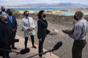 Washougal residet Randy Lavasseur (right) talkes with Vice President Kamala Harris about the harmfull effects of climate change at the Lake Mead National Recreation Area in Nevada on Oct. 18. (Contributed photo courtesy Randy Lavasseur)