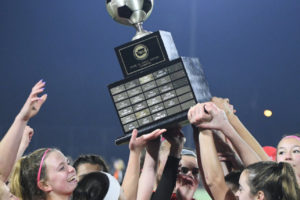 The Camas girls soccer team celebrates a 1-0 victory over Issaquah during the 4A state championship tournament at Sparks Stadium in Puyallup, Wash., on Nov. 20, 2021. (Contributed photo courtesy of Kris Cavin)