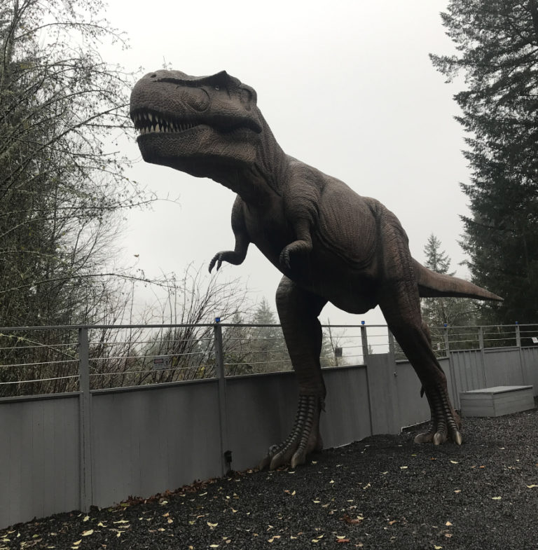 A towering animatronic Tyrannosaurus Rex stands outside of the &quot;Jurassic Retreat&quot; rental home in rural Washougal.
